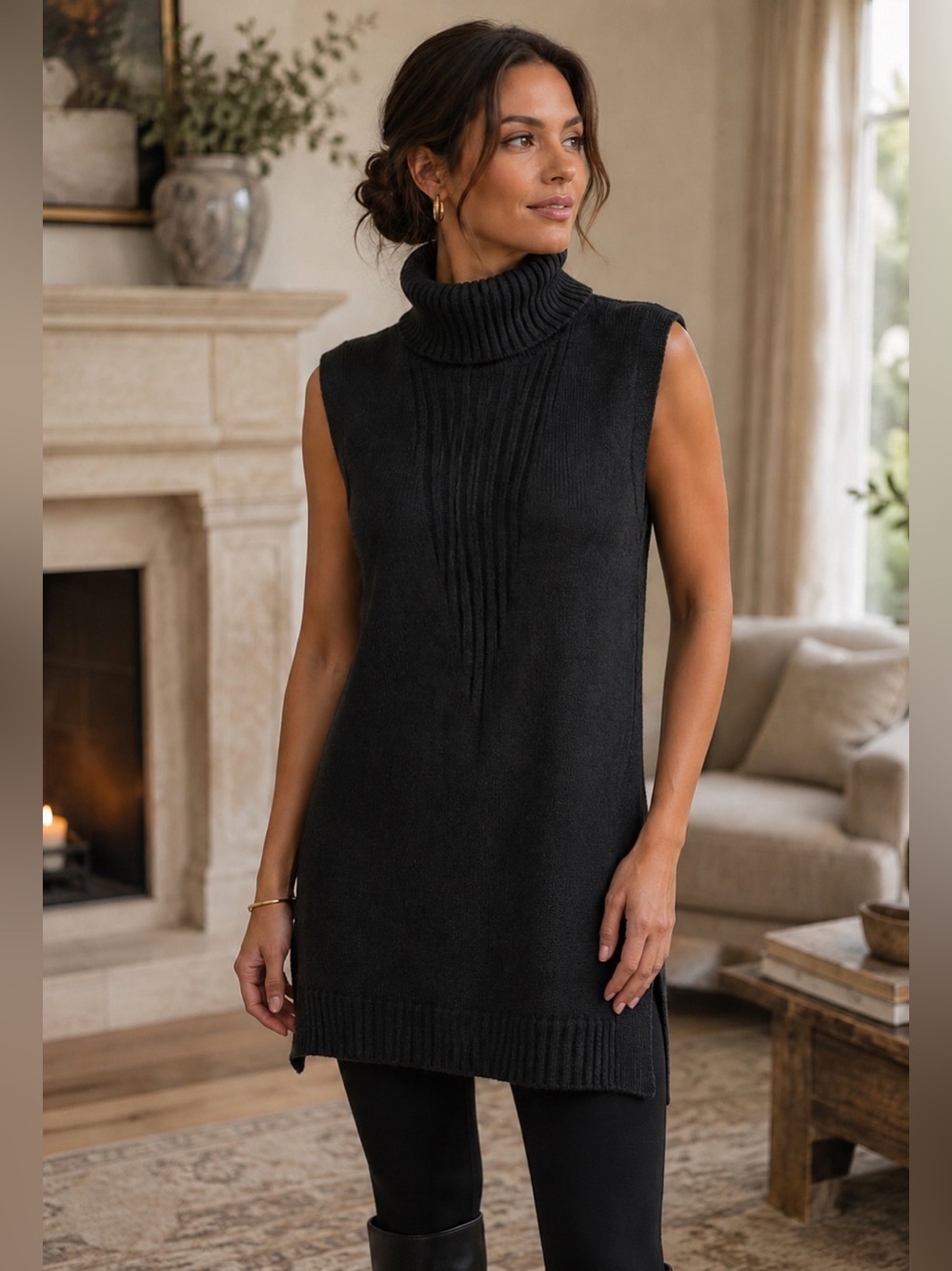 White House Black Market Wool Blend Turtleneck Knit Tunic Black Sweater Dress, S
